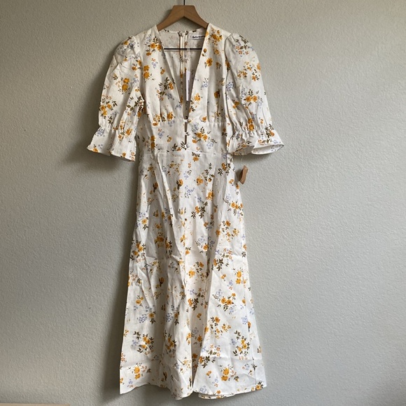 Reformation Maribel Linen Midi Floral Dress Puff Short Sleeves V Neck Tansy 4 - Picture 4 of 14